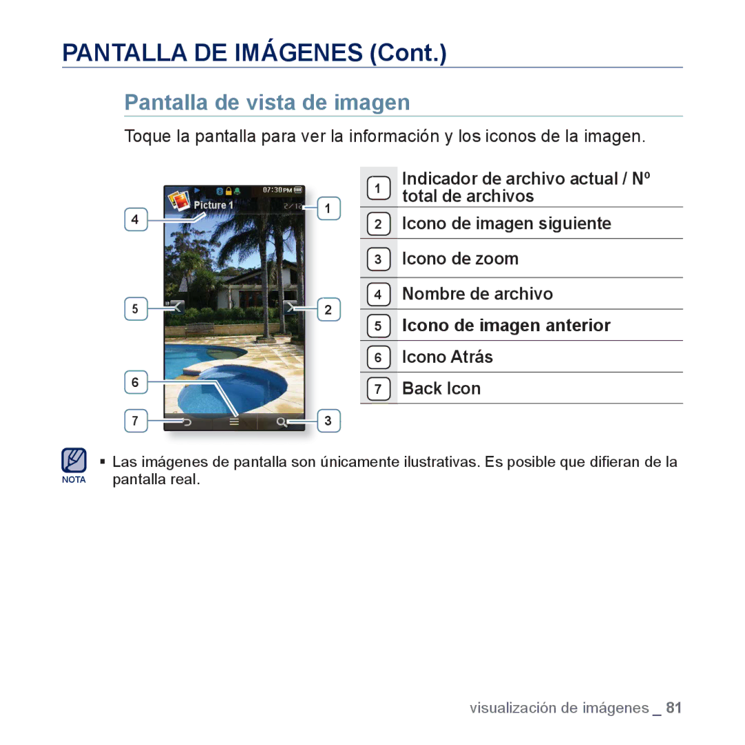 Samsung YP-P3JCB/XEF, YP-P3JCS/XEF, YP-P3JNS/XEE, YP-P3JCS/XEE manual Pantalla DE Imágenes, Pantalla de vista de imagen 