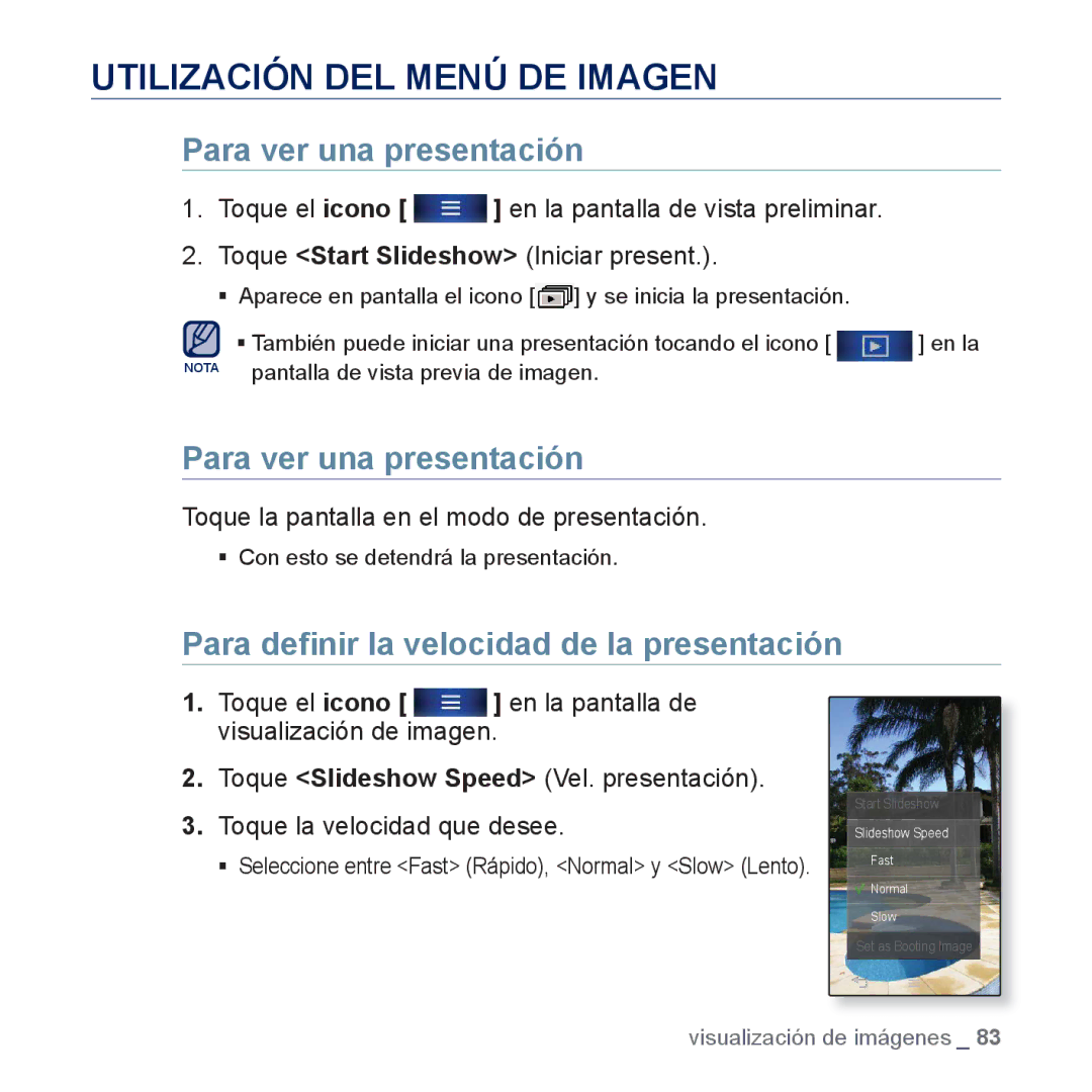 Samsung YP-P3JCS/XEE, YP-P3JCS/XEF manual Utilización DEL Menú DE Imagen, Para deﬁnir la velocidad de la presentación 