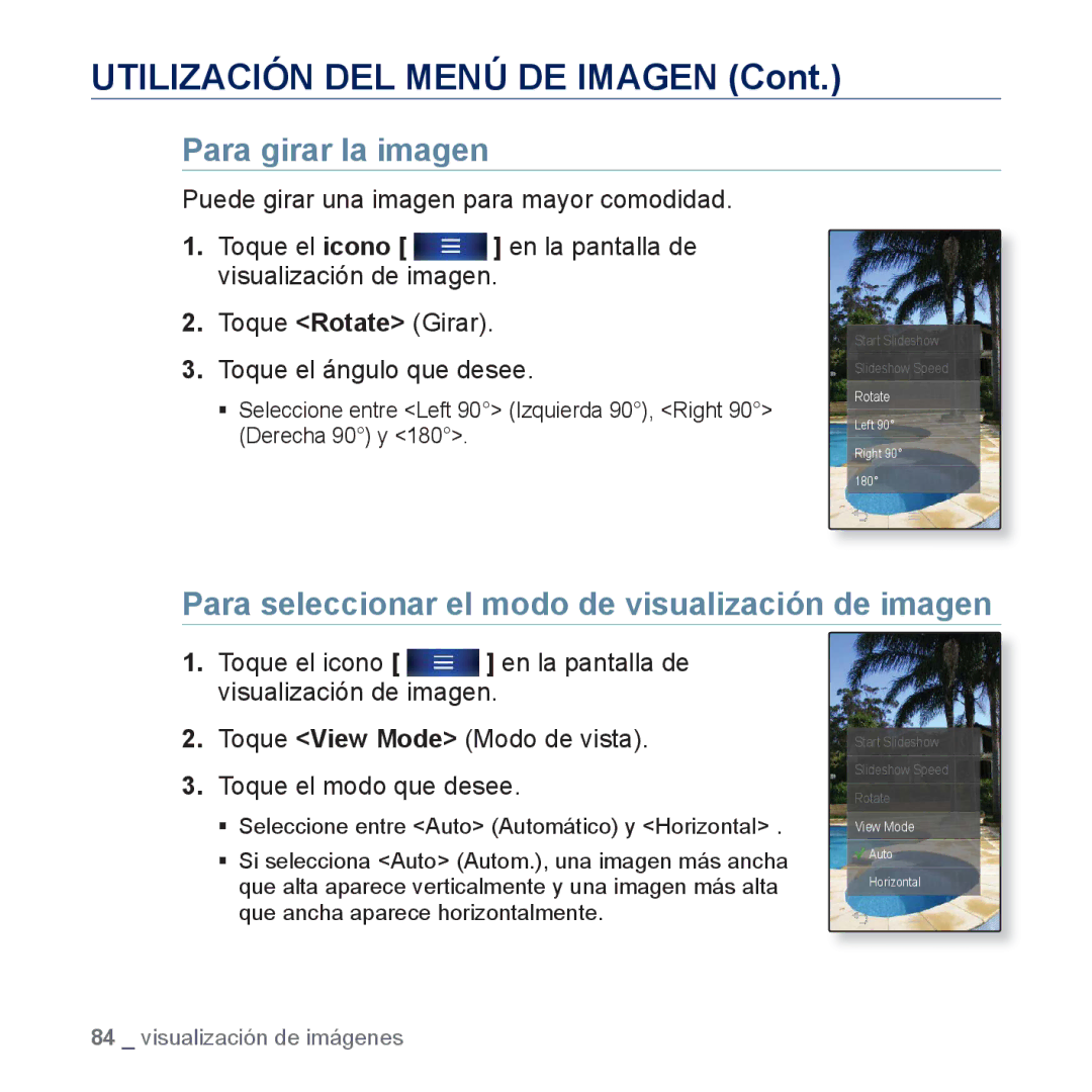 Samsung YP-P3JES/XEE, YP-P3JCS/XEF, YP-P3JCB/XEF, YP-P3JNS/XEE manual Utilización DEL Menú DE Imagen, Para girar la imagen 