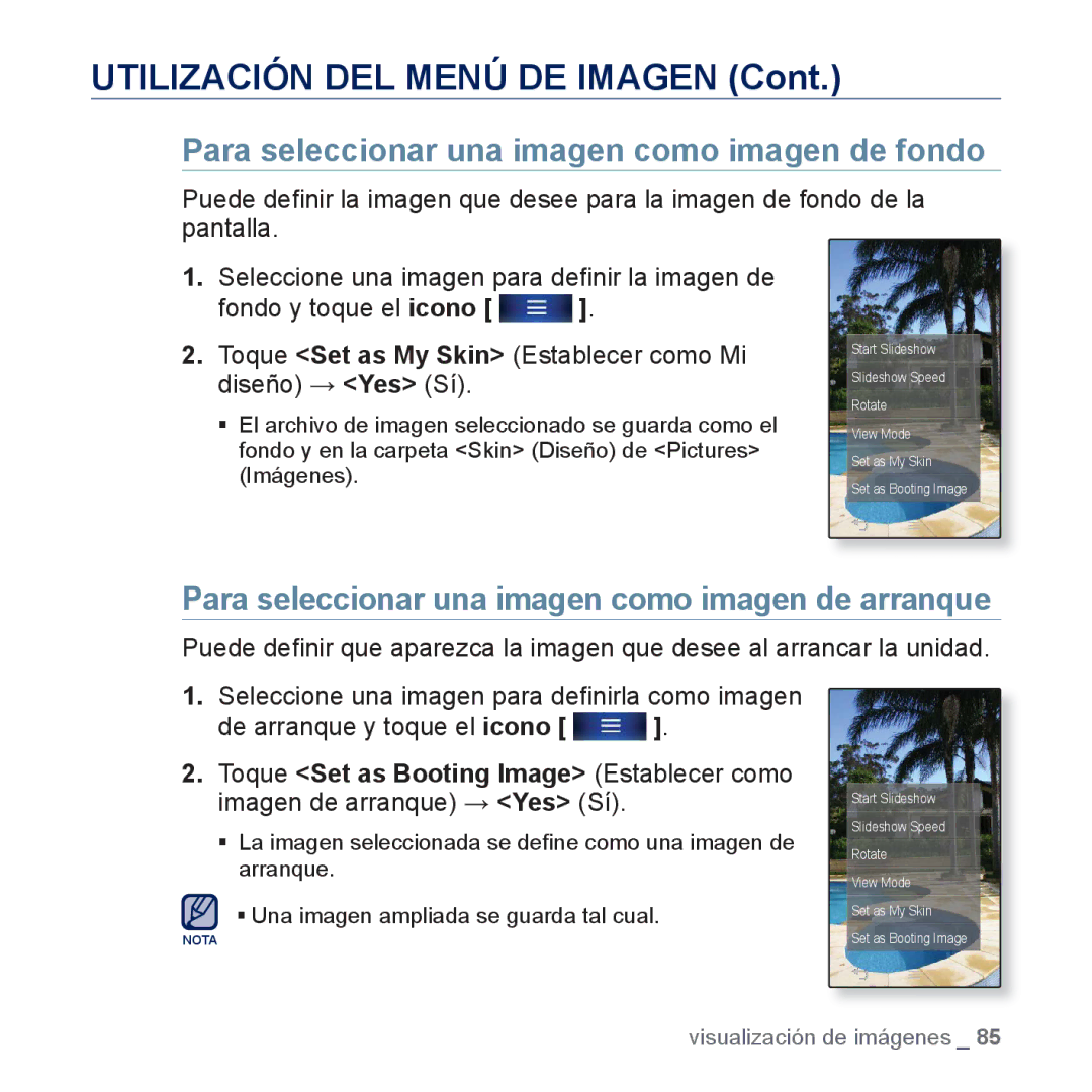 Samsung YP-P3JEB/XEE Para seleccionar una imagen como imagen de fondo, Para seleccionar una imagen como imagen de arranque 