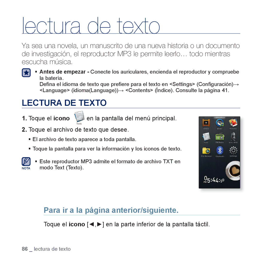 Samsung YP-P3JCB/XEE, YP-P3JCS/XEF, YP-P3JCB/XEF Lectura de texto, Lectura DE Texto, Para ir a la página anterior/siguiente 