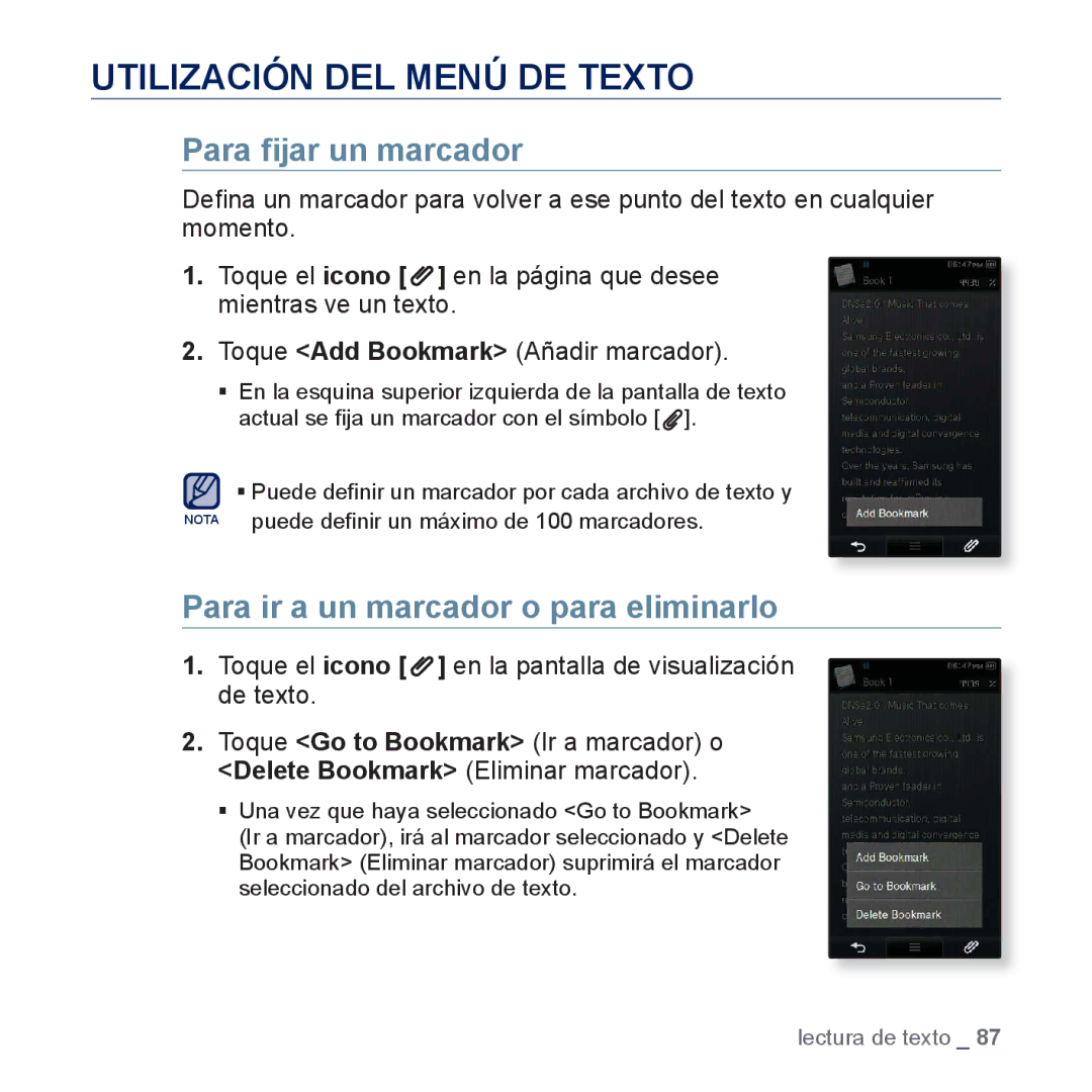 Samsung YP-P3JNB/XEE, YP-P3JCS/XEF, YP-P3JCB/XEF Utilización DEL Menú DE Texto, Para ir a un marcador o para eliminarlo 