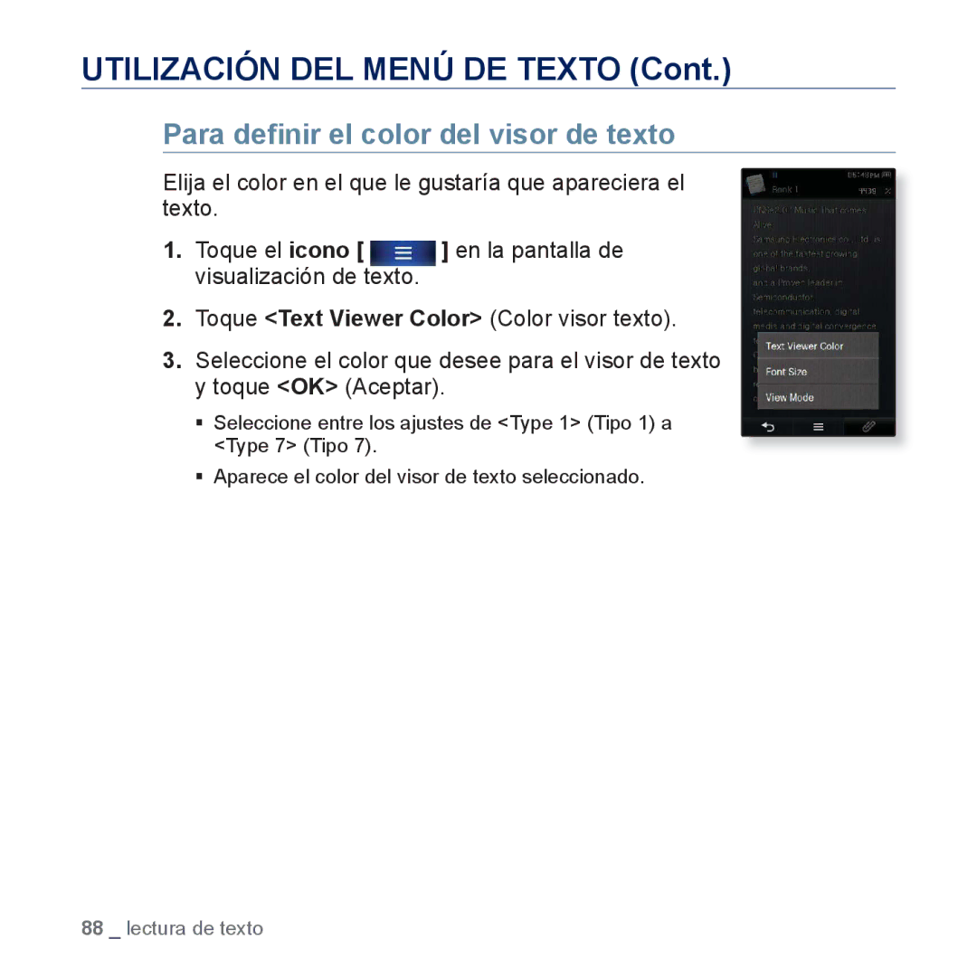 Samsung YP-P3JCS/XEF, YP-P3JCB/XEF, YP-P3JNS/XEE Utilización DEL Menú DE Texto, Para deﬁnir el color del visor de texto 