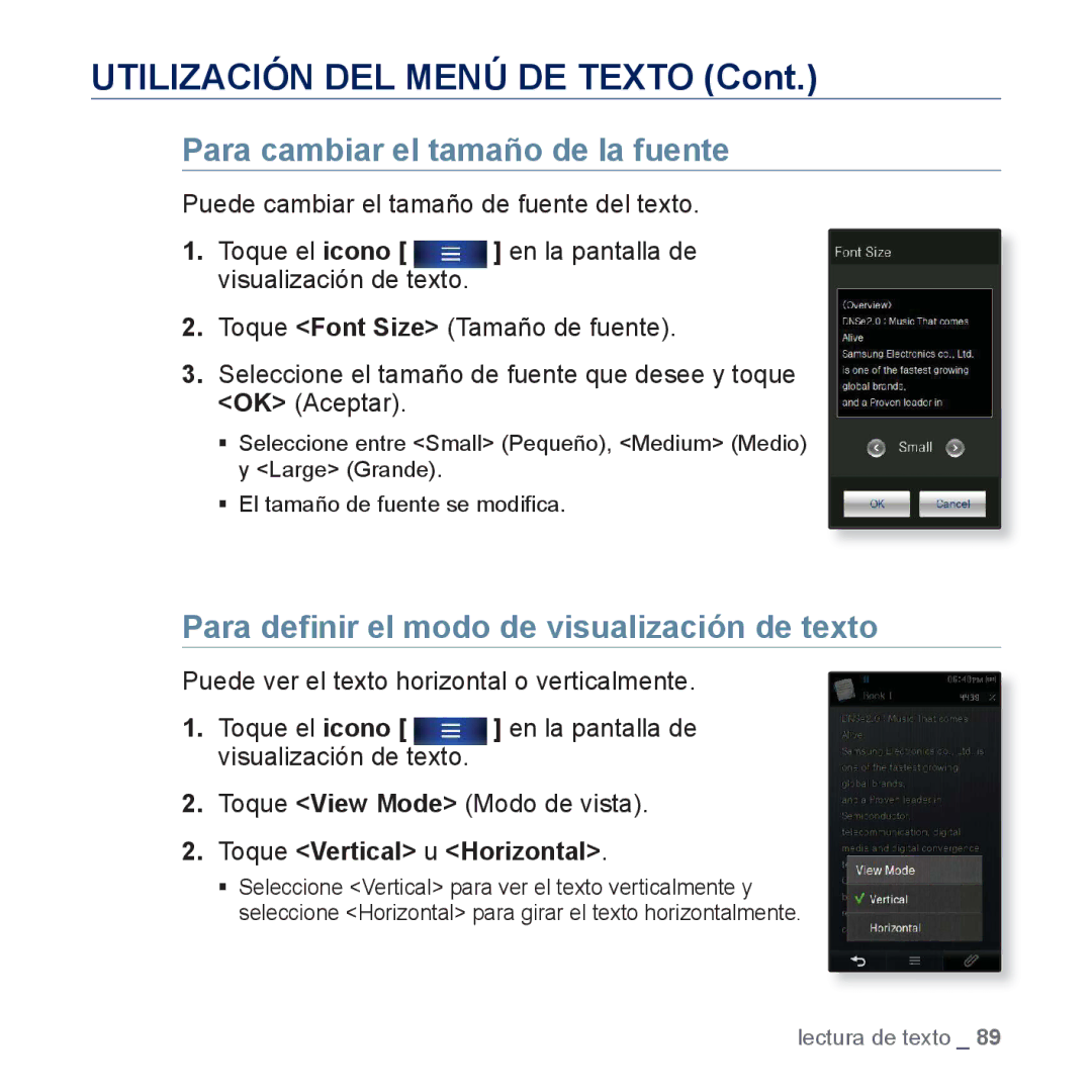 Samsung YP-P3JCB/XEF, YP-P3JCS/XEF manual Para cambiar el tamaño de la fuente, Para deﬁnir el modo de visualización de texto 