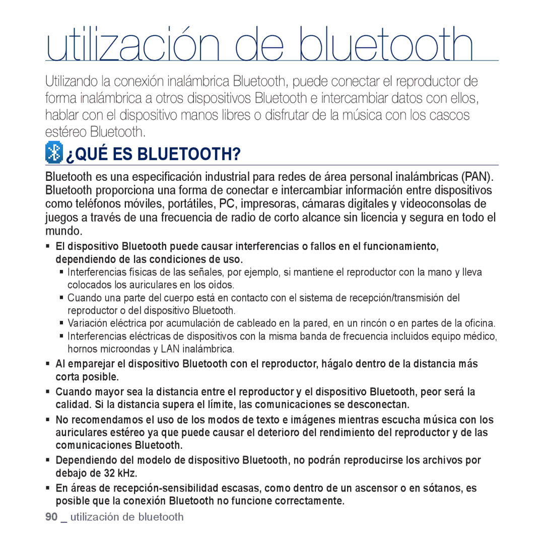 Samsung YP-P3JNS/XEE, YP-P3JCS/XEF, YP-P3JCB/XEF, YP-P3JCS/XEE, YP-P3JES/XEE Utilización de bluetooth, ¿Qué Es Bluetooth? 