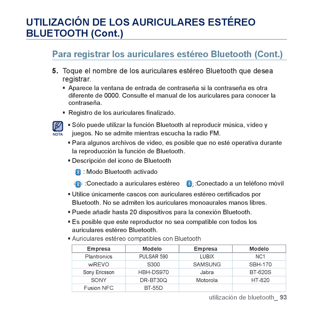 Samsung YP-P3JEB/XEE, YP-P3JCS/XEF, YP-P3JCB/XEF manual Utilización DE LOS Auriculares Estéreo Bluetooth, Empresa Modelo 