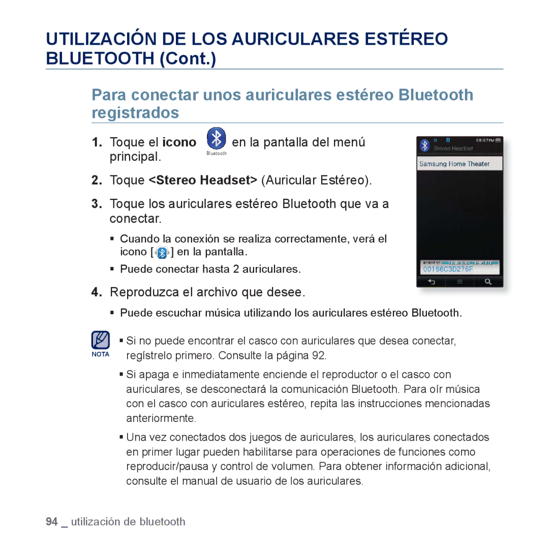 Samsung YP-P3JCB/XEE manual Para conectar unos auriculares estéreo Bluetooth registrados, Reproduzca el archivo que desee 