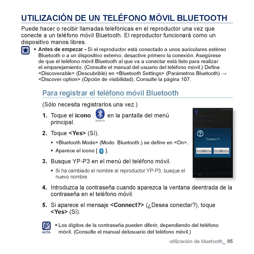 Samsung YP-P3JNB/XEE, YP-P3JCS/XEF Utilización DE UN Teléfono Móvil Bluetooth, Para registrar el teléfono móvil Bluetooth 