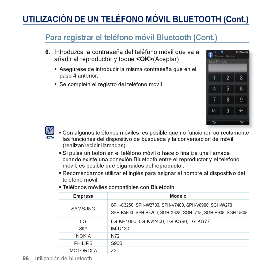 Samsung YP-P3JCS/XEF, YP-P3JCB/XEF, YP-P3JNS/XEE, YP-P3JCS/XEE, YP-P3JES/XEE manual Utilización DE UN Teléfono Móvil Bluetooth 