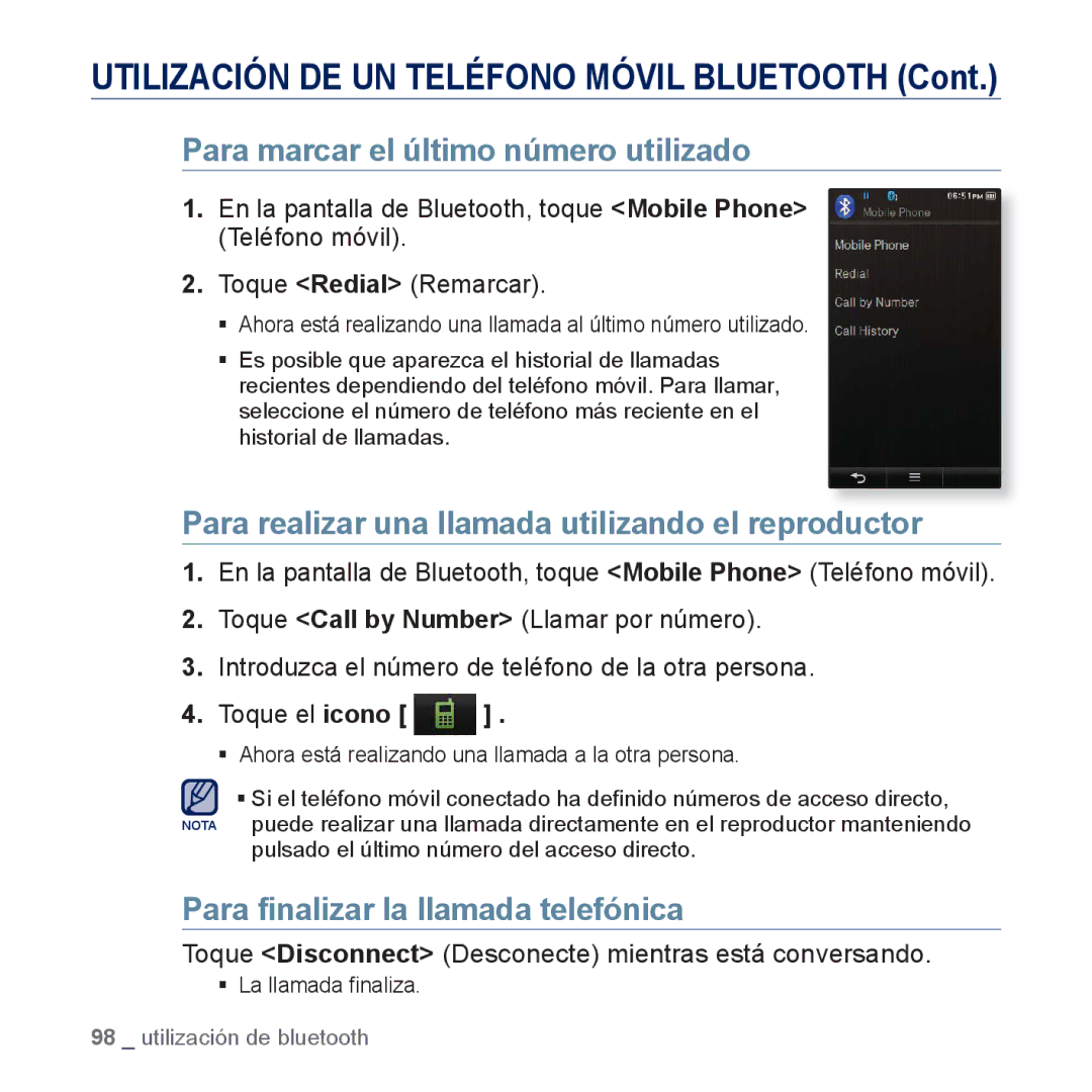 Samsung YP-P3JNS/XEE manual Para marcar el último número utilizado, Para realizar una llamada utilizando el reproductor 