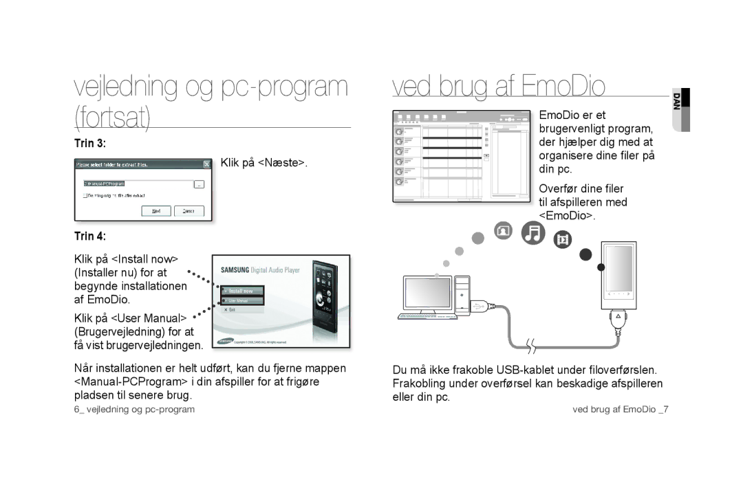 Samsung YP-P3JCS/XEF, YP-P3JCB/XEF, YP-P3JNS/XEE manual Vejledning og pc-program fortsat, Ved brug af EmoDio, Klik på Næste 