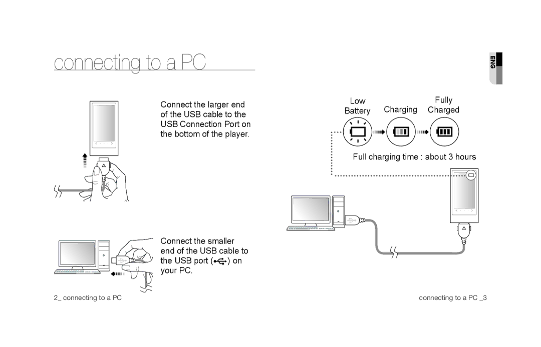 Samsung YP-P3JNS/XEE, YP-P3JCS/XEF, YP-P3JCB/XEF, YP-P3JCS/XEE Connecting to a PC, Fully, Full charging time about 3 hours 