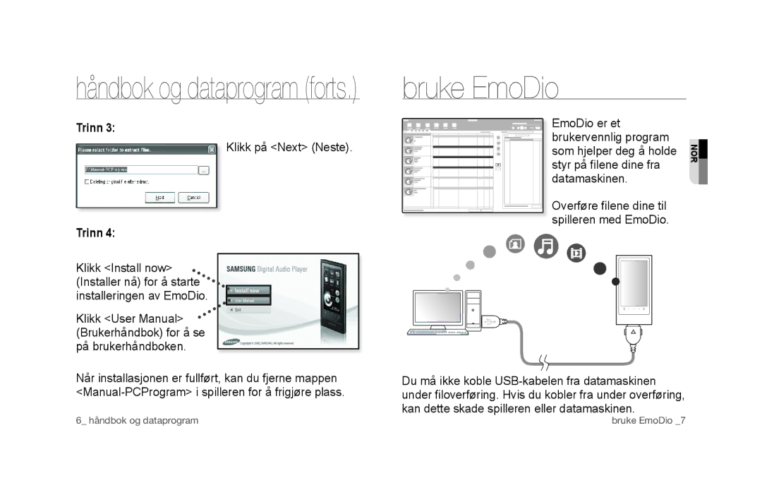 Samsung YP-P3JES/XEE, YP-P3JCS/XEF, YP-P3JCB/XEF manual Bruke EmoDio, Klikk på Next Neste, EmoDio er et Brukervennlig program 