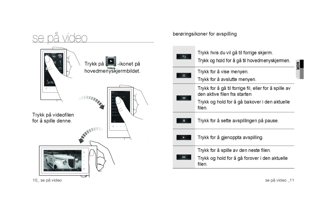 Samsung YP-P3JCB/XEE, YP-P3JCS/XEF, YP-P3JCB/XEF, YP-P3JNS/XEE, YP-P3JCS/XEE manual Se på video, Berøringsikoner for avspilling 