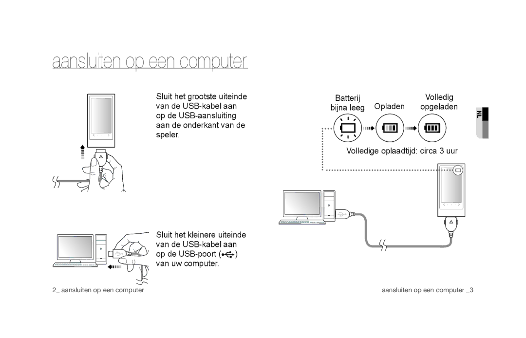 Samsung YP-P3JCS/XEF manual Aansluiten op een computer, Batterij, Bijna leeg Opladen, Volledige oplaadtijd circa 3 uur 