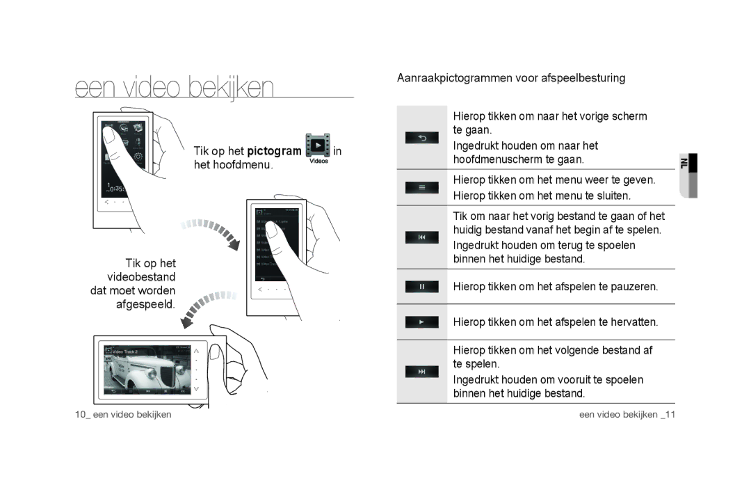 Samsung YP-P3JES/XEE Een video bekijken, Tik op het pictogram Het hoofdmenu, Aanraakpictogrammen voor afspeelbesturing 