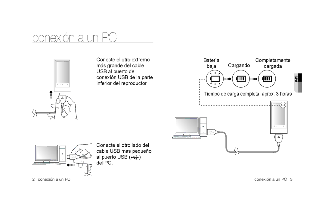 Samsung YP-P3JCB/XEE, YP-P3JCS/XEF, YP-P3JCB/XEF, YP-P3JNS/XEE, YP-P3JCS/XEE, YP-P3JES/XEE manual Conexión a un PC, Cargando 