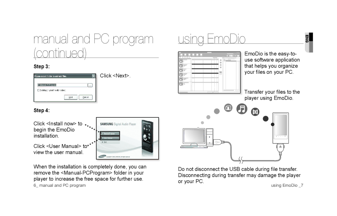 Samsung YP-P3JES/XEE, YP-P3JCS/XEF, YP-P3JCB/XEF, YP-P3JNS/XEE, YP-P3JCS/XEE, YP-P3JEB/XEE manual Using EmoDio, Click Next 