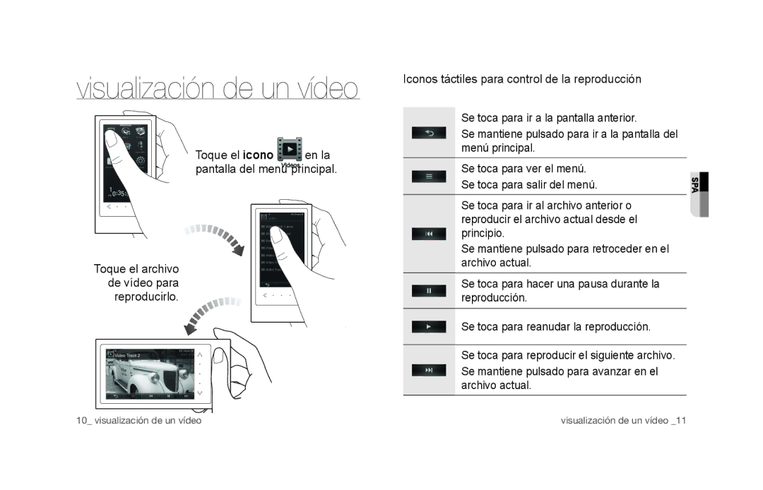 Samsung YP-P3JNS/XEE, YP-P3JCS/XEF, YP-P3JCB/XEF Visualización de un vídeo, Iconos táctiles para control de la reproducción 