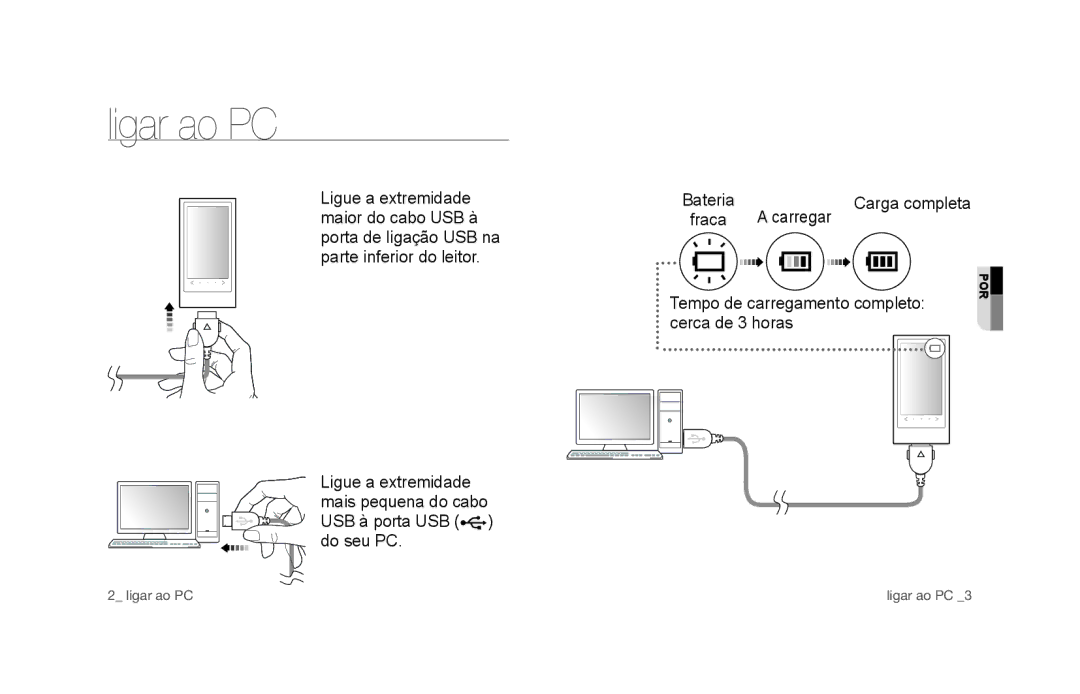 Samsung YP-P3JES/XEE, YP-P3JCS/XEF, YP-P3JCB/XEF Ligar ao PC, Carregar, Tempo de carregamento completo Cerca de 3 horas 