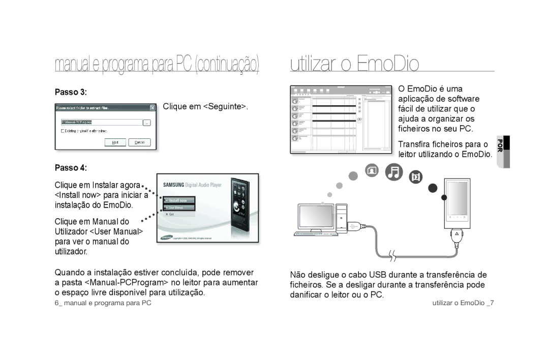 Samsung YP-P3JCB/XEE, YP-P3JCS/XEF, YP-P3JCB/XEF, YP-P3JNS/XEE, YP-P3JCS/XEE manual Utilizar o EmoDio, Clique em Seguinte 