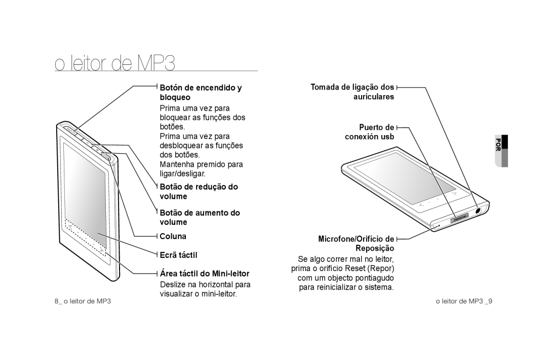 Samsung YP-P3JNB/XEE, YP-P3JCS/XEF, YP-P3JCB/XEF, YP-P3JNS/XEE, YP-P3JCS/XEE, YP-P3JES/XEE, YP-P3JEB/XEE manual Leitor de MP3 