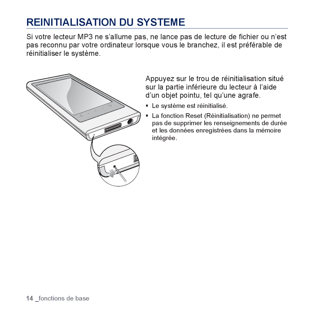 Samsung YP-P3JNB/XEF, YP-P3JCS/XEF, YP-P3JEB/XEF, YP-P3JES/XEF, YP-P3JCB/XEF, YP-P3JNS/XEF manual Reinitialisation DU Systeme 