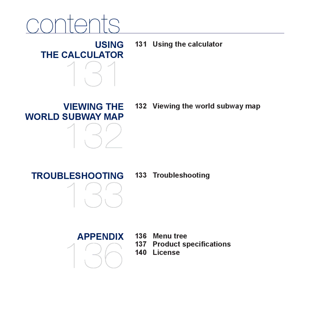 Samsung YP-P3JCB/XEG, YP-P3JCS/XEF, YP-P3JEB/XEF, YP-P3JNB/XEF, YP-P3JES/XEF manual Using the calculator, 132, Troubleshooting 