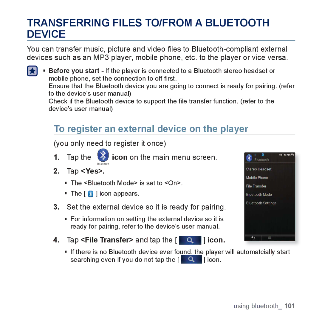 Samsung YP-P3JEB/XEF manual Transferring Files TO/FROM a Bluetooth Device, To register an external device on the player 