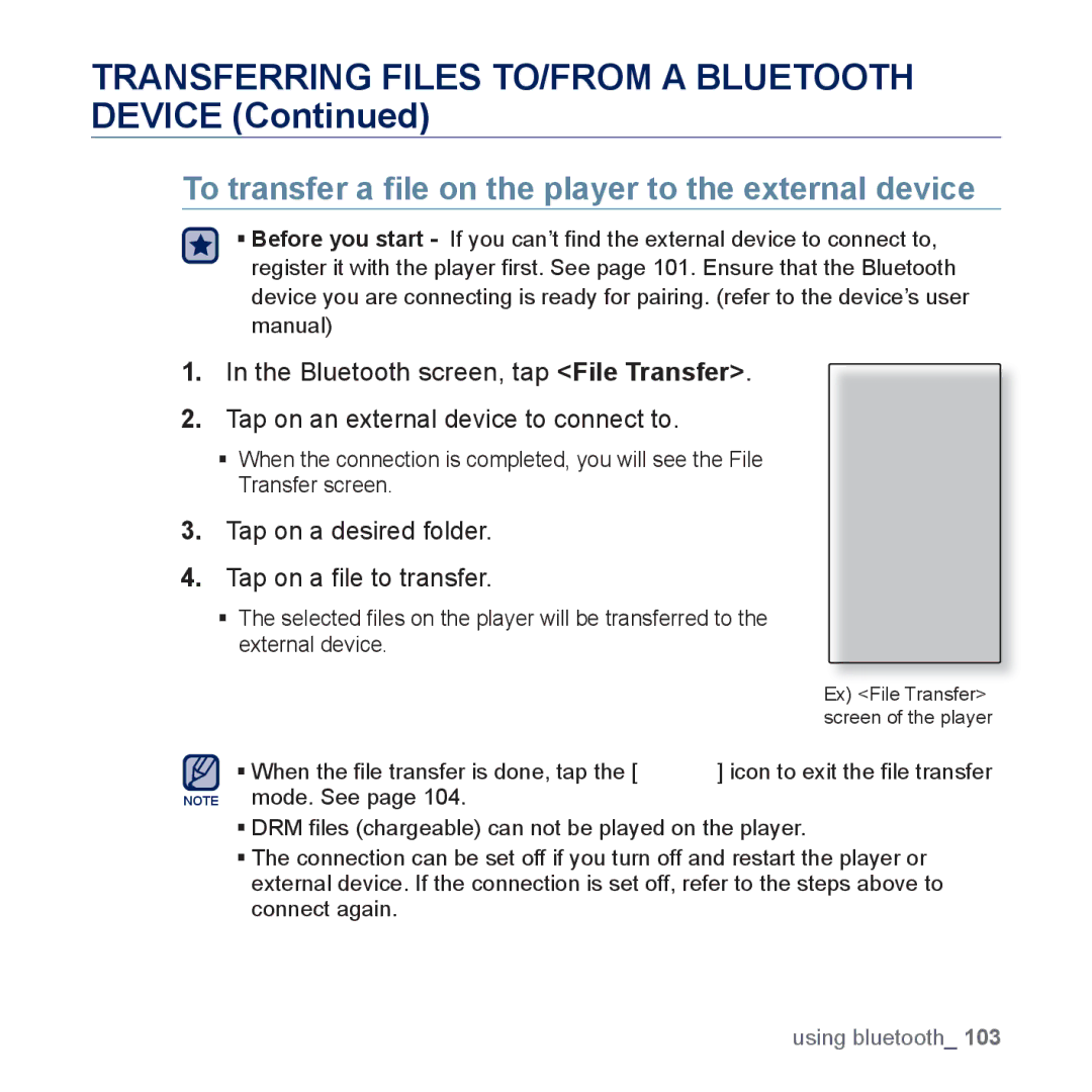 Samsung YP-P3JES/XEF, YP-P3JCS/XEF, YP-P3JEB/XEF, YP-P3JNB/XEF manual To transfer a ﬁle on the player to the external device 