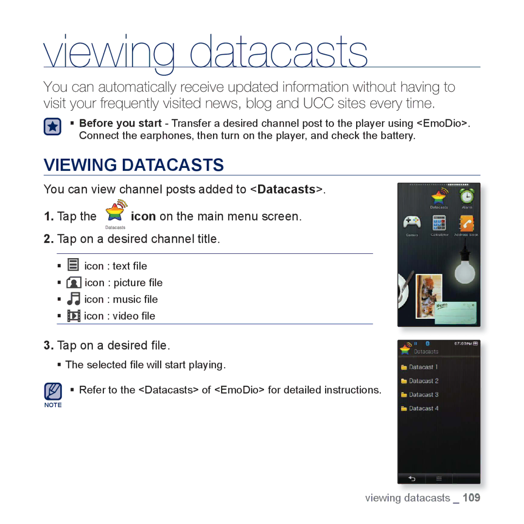 Samsung YP-P3JCS/EDC, YP-P3JCS/XEF, YP-P3JEB/XEF, YP-P3JNB/XEF, YP-P3JES/XEF manual Viewing datacasts, Viewing Datacasts 