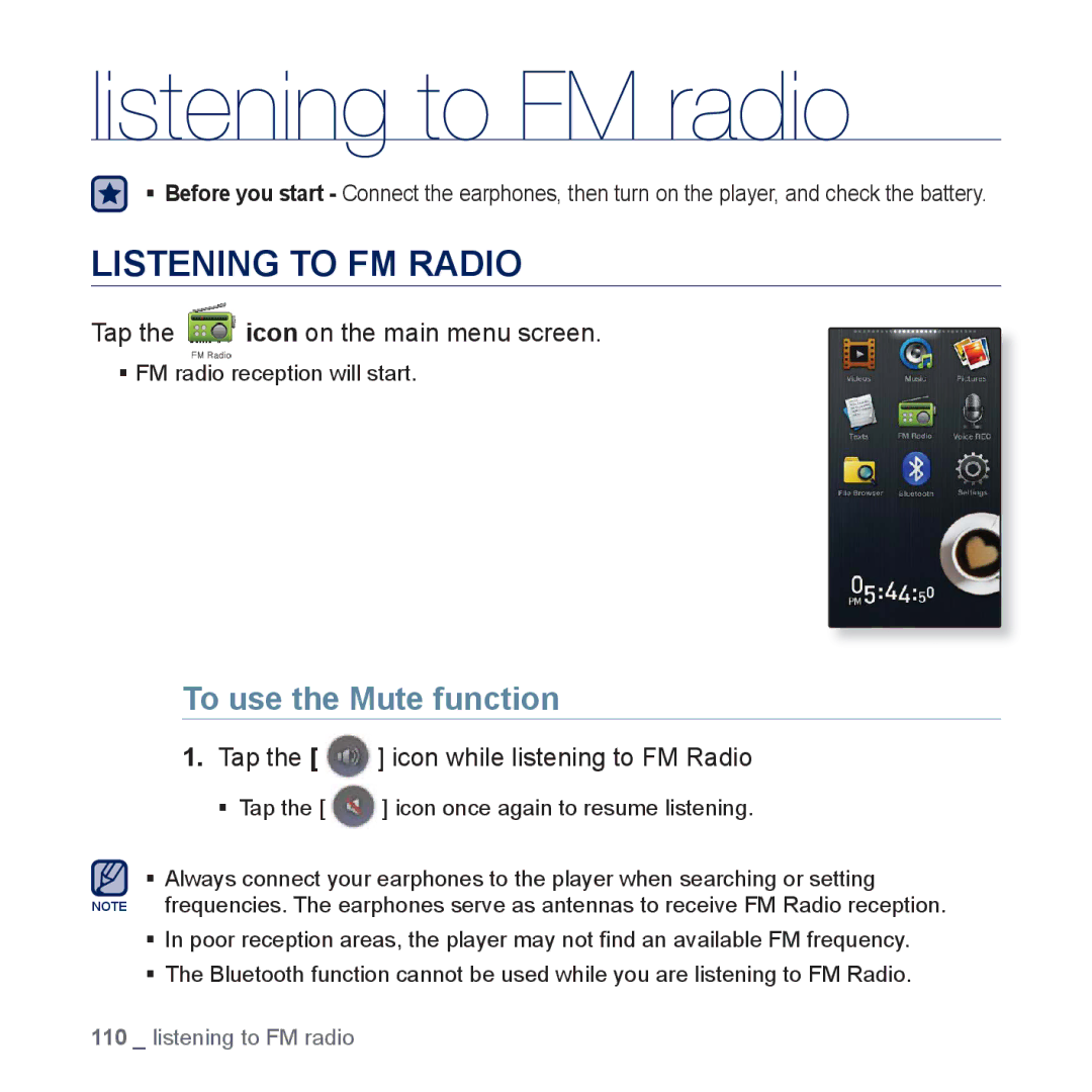 Samsung YP-P3JCB/XEG, YP-P3JCS/XEF, YP-P3JEB/XEF Listening to FM radio, Listening to FM Radio, To use the Mute function 