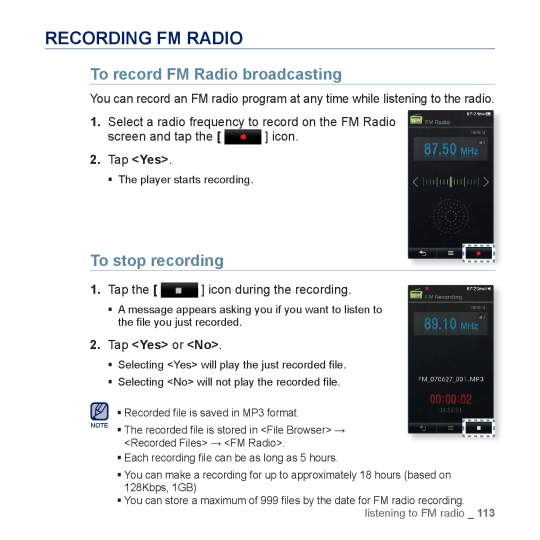 Samsung YP-P3JES/XEE, YP-P3JCS/XEF Recording FM Radio, To record FM Radio broadcasting, To stop recording, Tap Yes or No 