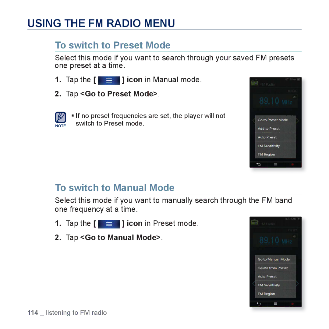 Samsung YP-P3JEB/XEE Using the FM Radio Menu, To switch to Preset Mode, To switch to Manual Mode, Tap Go to Preset Mode 