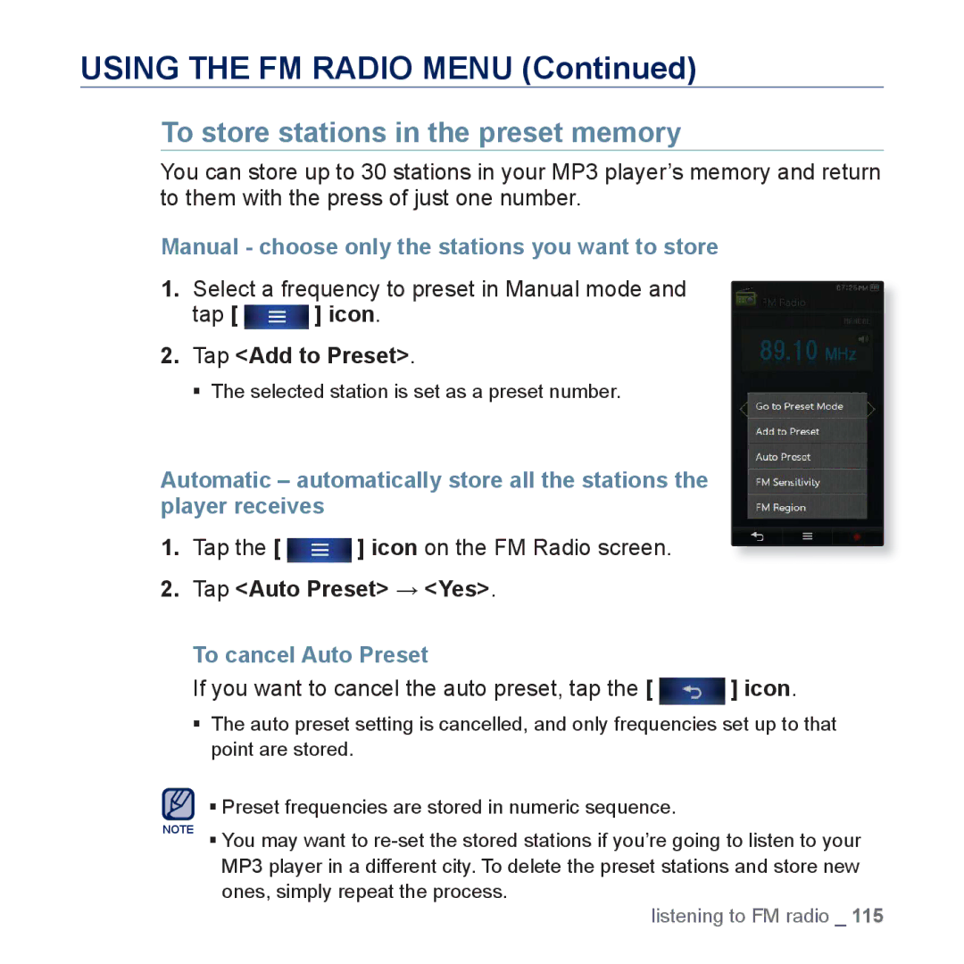 Samsung YP-P3JCB/XEE, YP-P3JCS/XEF Using the FM Radio Menu, To store stations in the preset memory, To cancel Auto Preset 