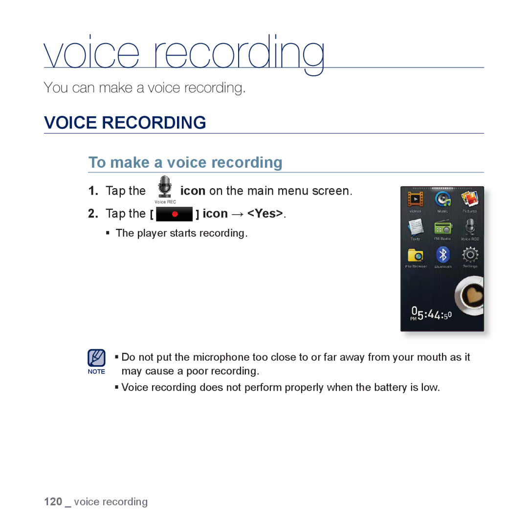 Samsung YP-P3JCS/XEF, YP-P3JEB/XEF, YP-P3JNB/XEF, YP-P3JES/XEF Voice recording, Voice Recording, To make a voice recording 