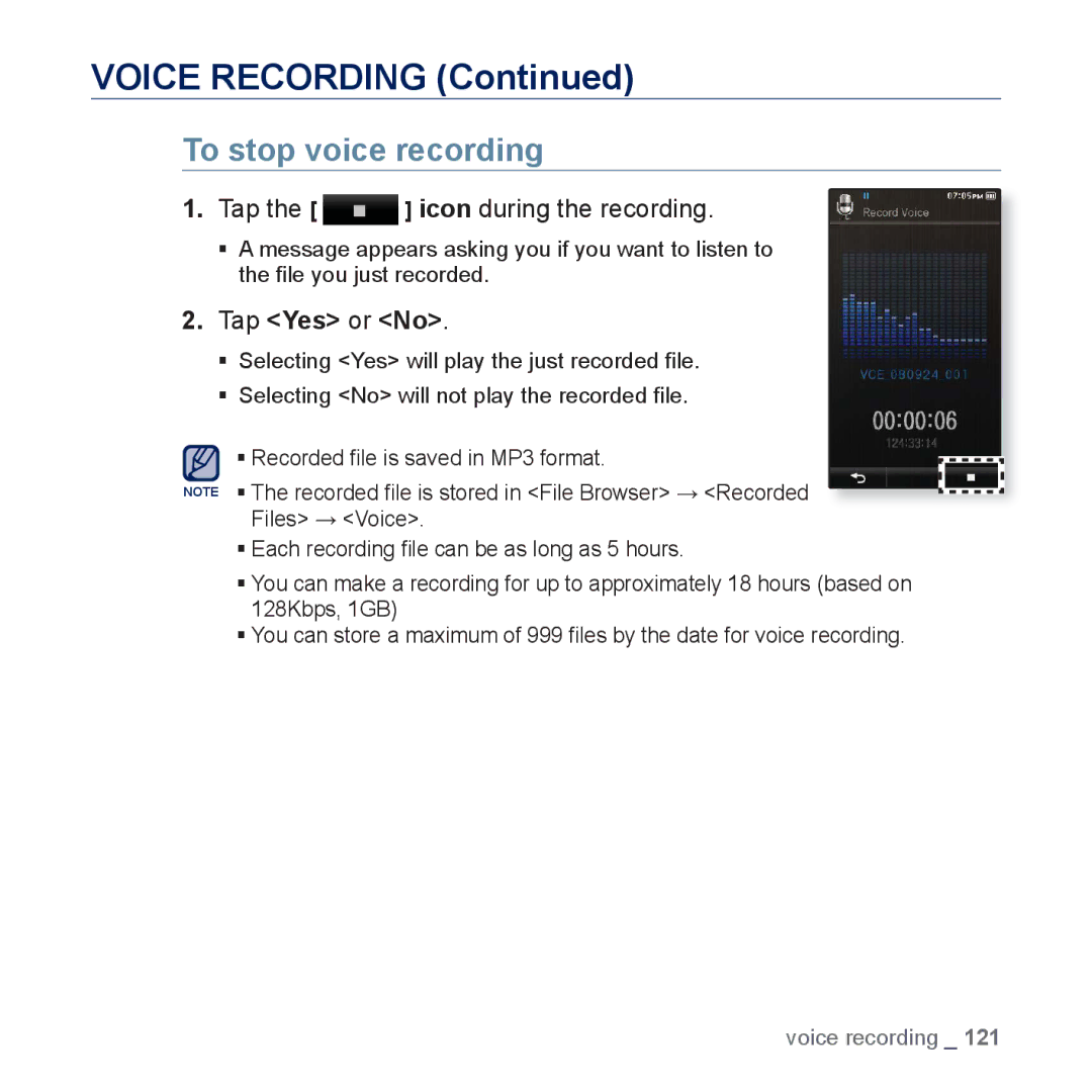 Samsung YP-P3JEB/XEF, YP-P3JCS/XEF, YP-P3JNB/XEF, YP-P3JES/XEF, YP-P3JCB/XEF manual Voice Recording, To stop voice recording 