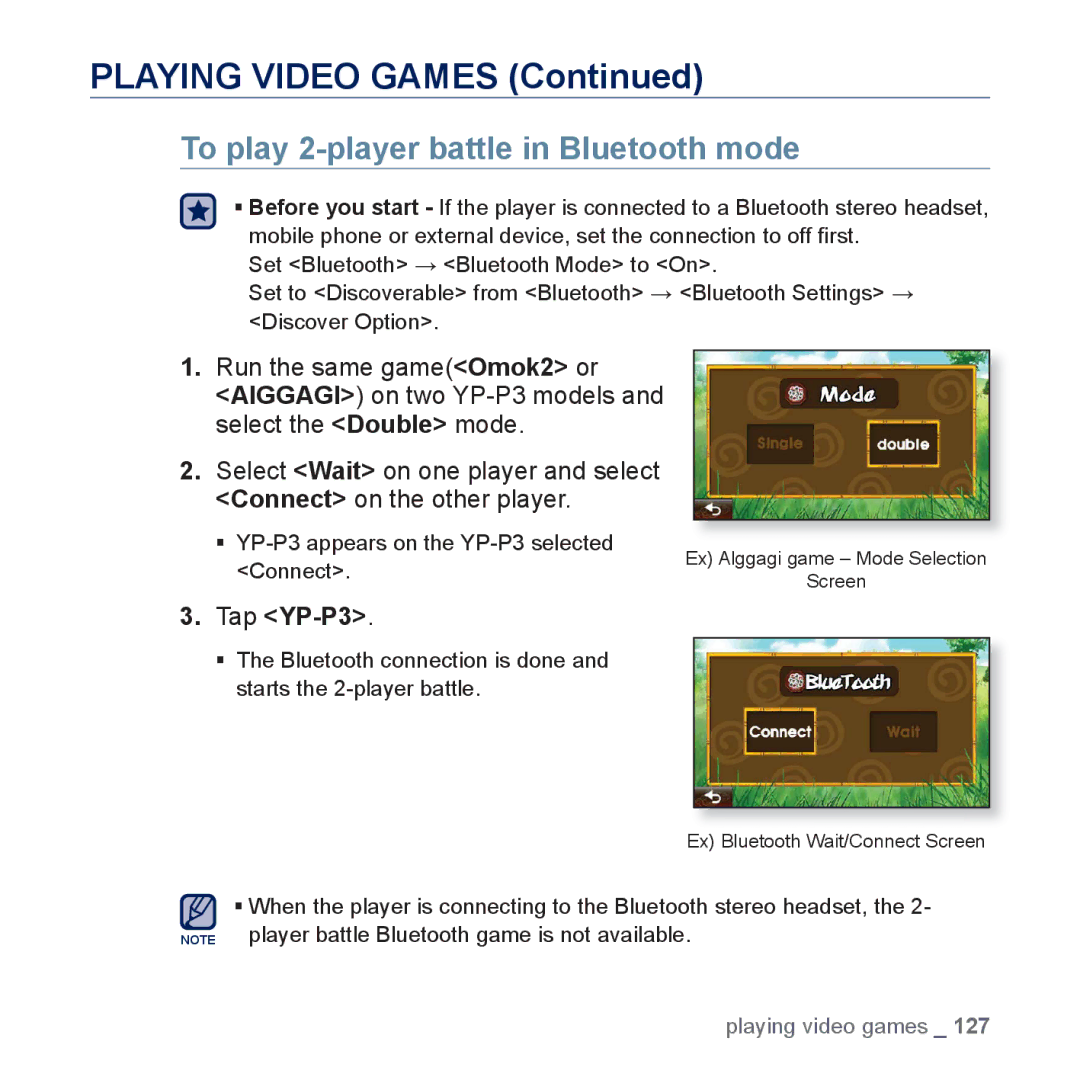 Samsung YP-P3JEB/EDC, YP-P3JCS/XEF, YP-P3JEB/XEF, YP-P3JNB/XEF manual To play 2-player battle in Bluetooth mode, Tap YP-P3 