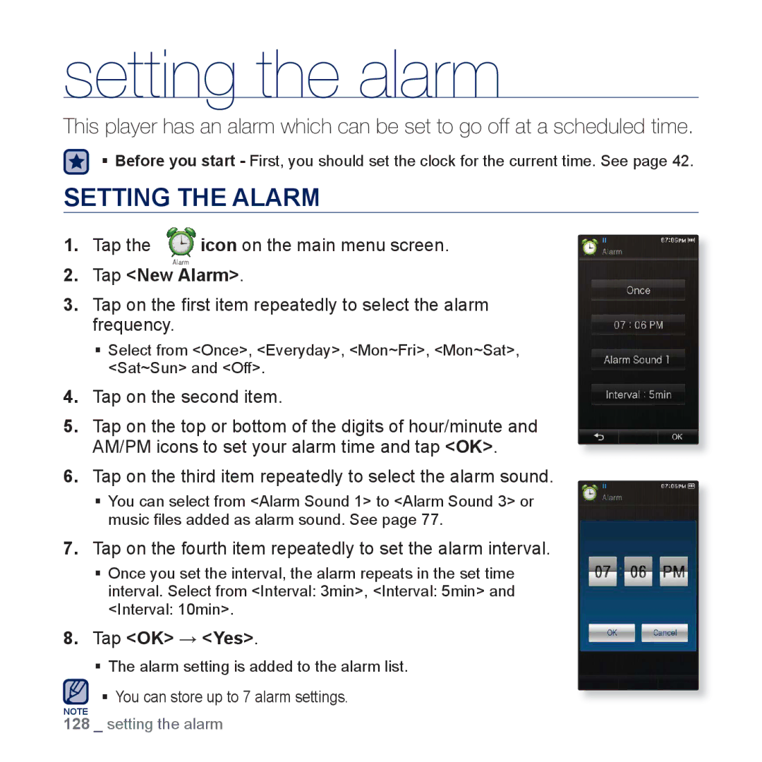 Samsung YP-P3JCB/EDC, YP-P3JCS/XEF, YP-P3JEB/XEF, YP-P3JNB/XEF manual Setting the alarm, Setting the Alarm, Tap New Alarm 