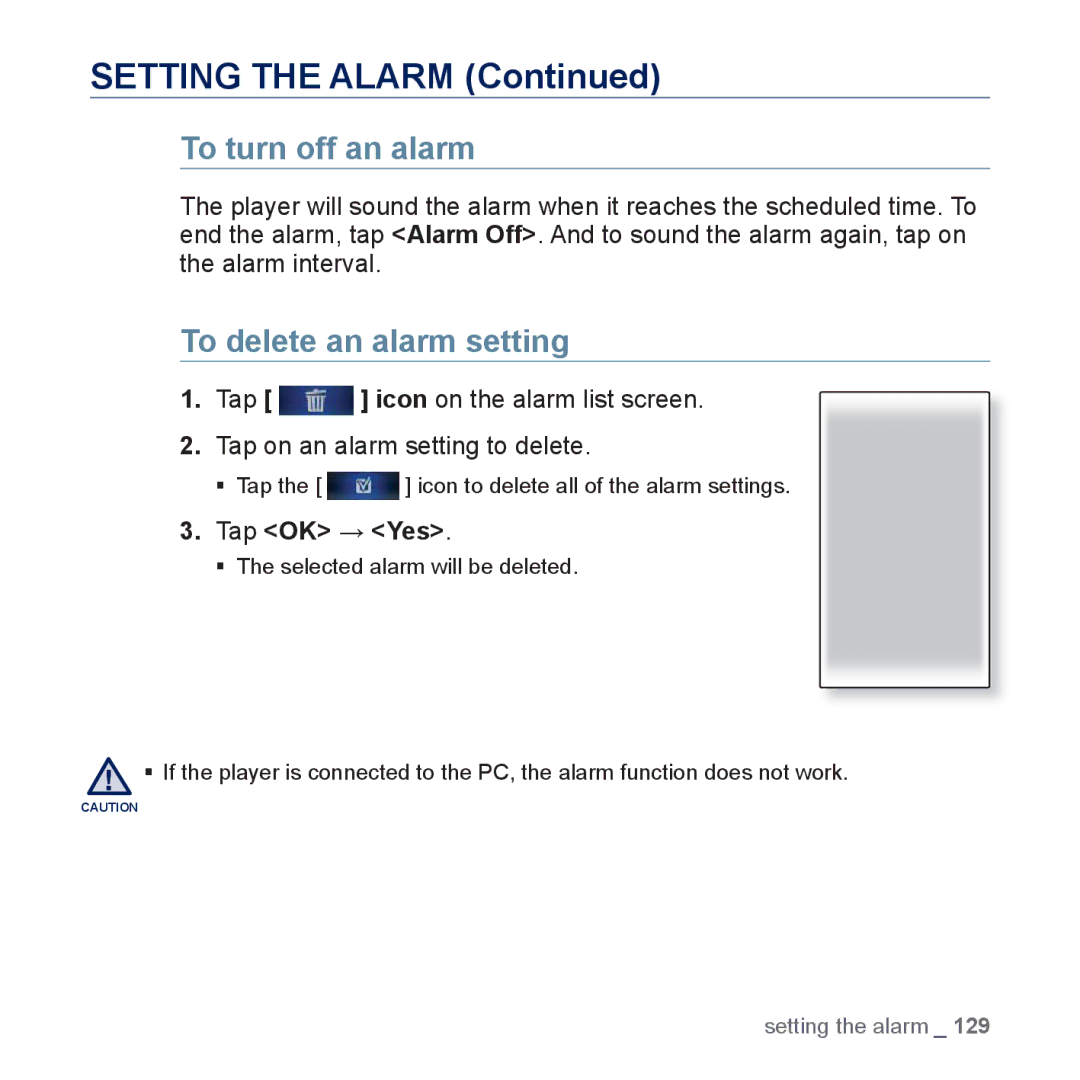 Samsung YP-P3JCS/EDC, YP-P3JCS/XEF, YP-P3JEB/XEF manual Setting the Alarm, To turn off an alarm, To delete an alarm setting 