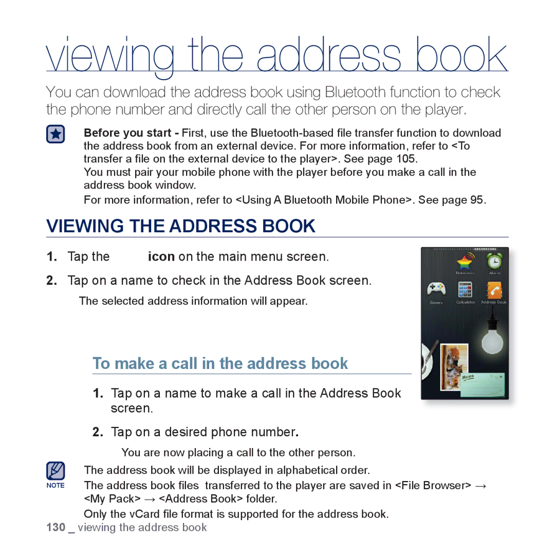 Samsung YP-P3JCB/XEG, YP-P3JCS/XEF, YP-P3JEB/XEF, YP-P3JNB/XEF Viewing the Address Book, To make a call in the address book 