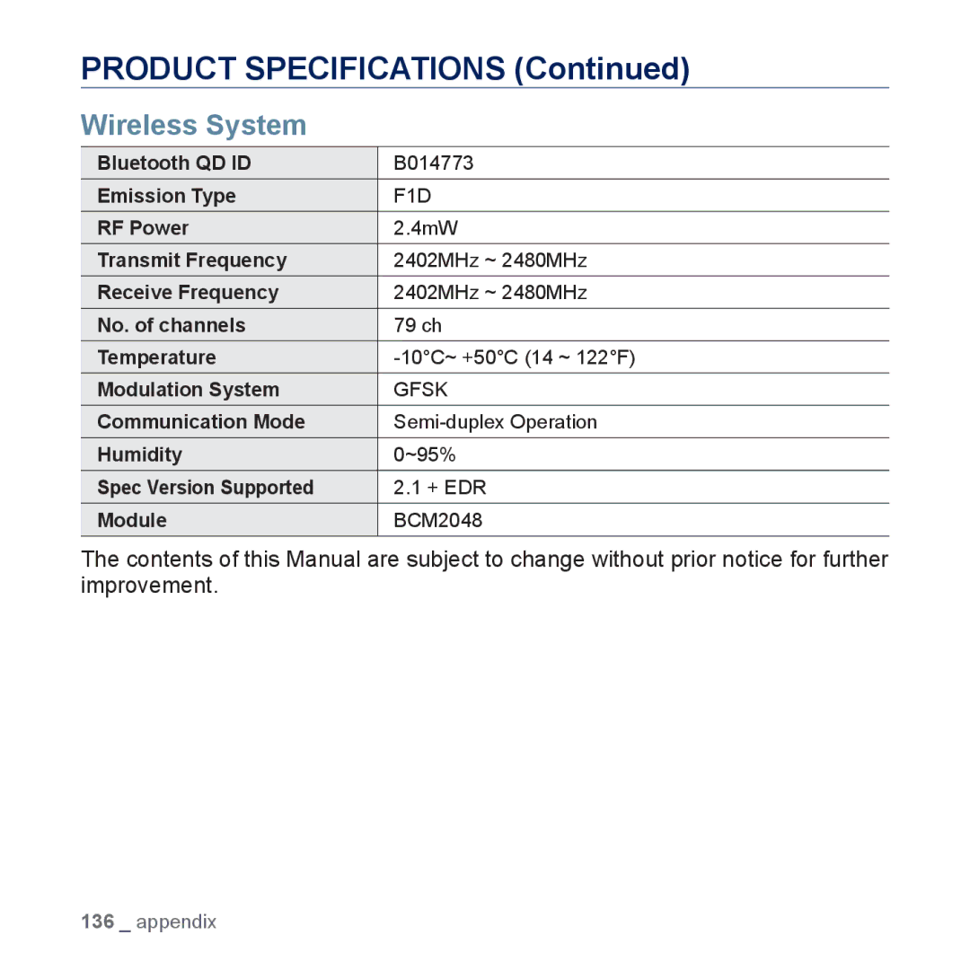 Samsung YP-P3JES/XEG, YP-P3JCS/XEF, YP-P3JEB/XEF, YP-P3JNB/XEF, YP-P3JES/XEF manual Product Specifications, Wireless System 