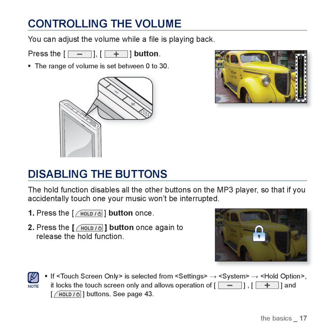 Samsung YP-P3JEB/XEG, YP-P3JCS/XEF, YP-P3JEB/XEF, YP-P3JNB/XEF, YP-P3JES/XEF Controlling the Volume, Disabling the Buttons 