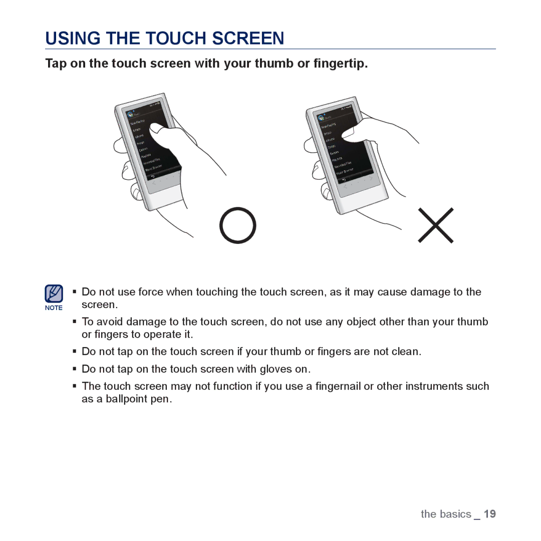 Samsung YP-P3JES/XEG, YP-P3JCS/XEF manual Using the Touch Screen, Tap on the touch screen with your thumb or ﬁngertip 