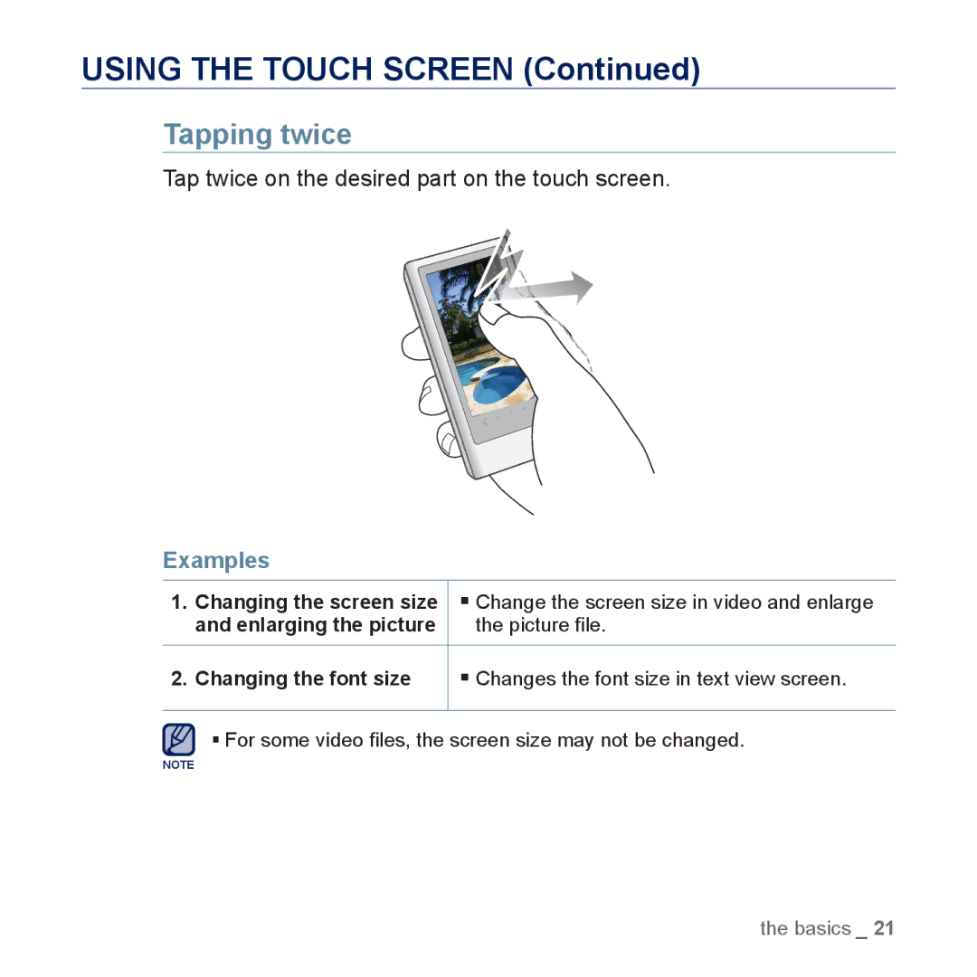 Samsung YP-P3JEB/XEF, YP-P3JCS/XEF, YP-P3JNB/XEF manual Tapping twice, Tap twice on the desired part on the touch screen 