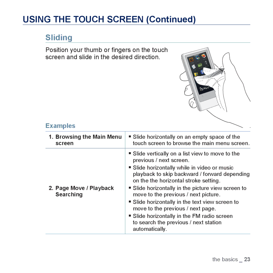 Samsung YP-P3JES/XEF, YP-P3JCS/XEF, YP-P3JEB/XEF, YP-P3JNB/XEF, YP-P3JCB/XEF, YP-P3JNS/XEF, YP-P3JES/EDC manual Sliding, Screen 