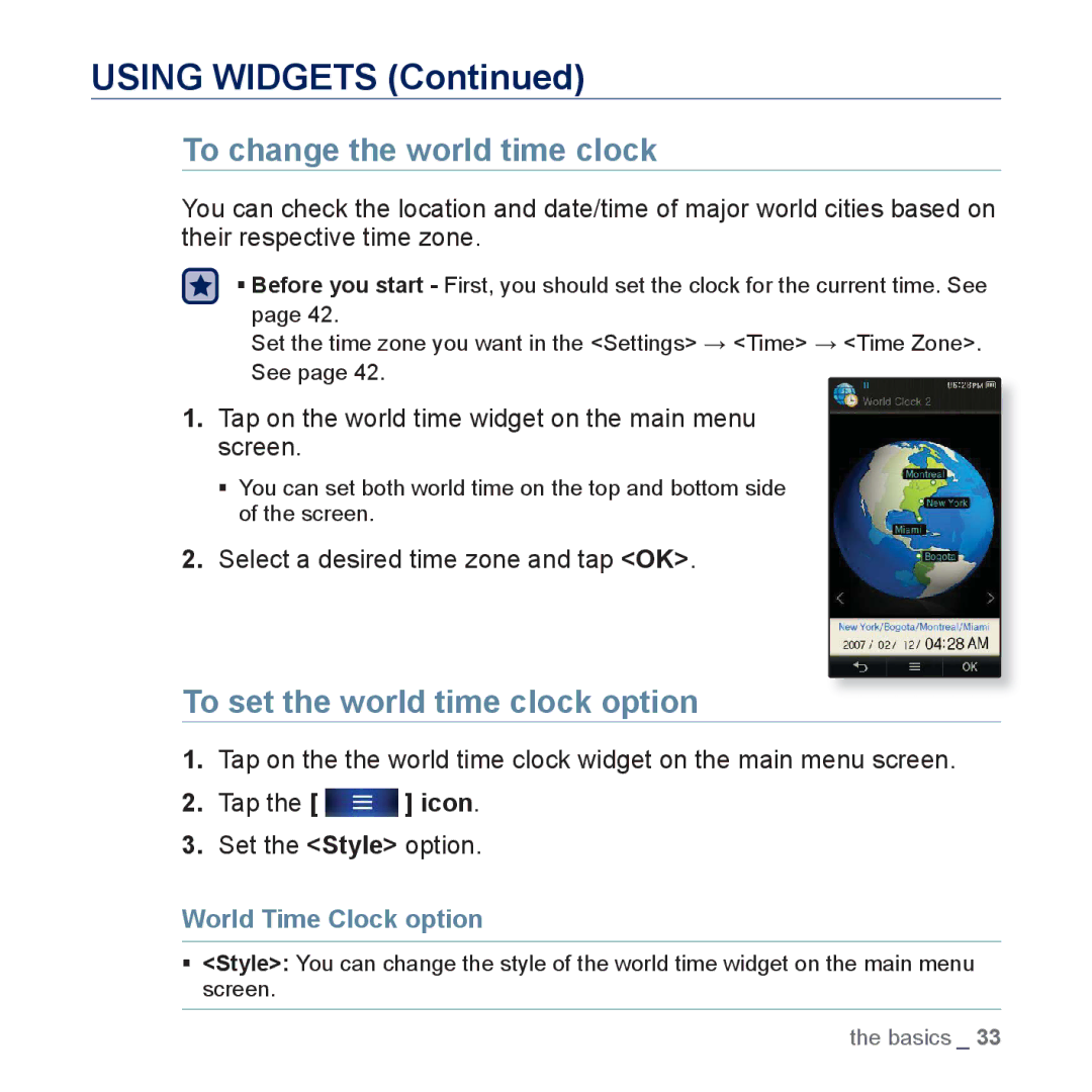 Samsung YP-P3JES/XEE manual To change the world time clock, To set the world time clock option, World Time Clock option 