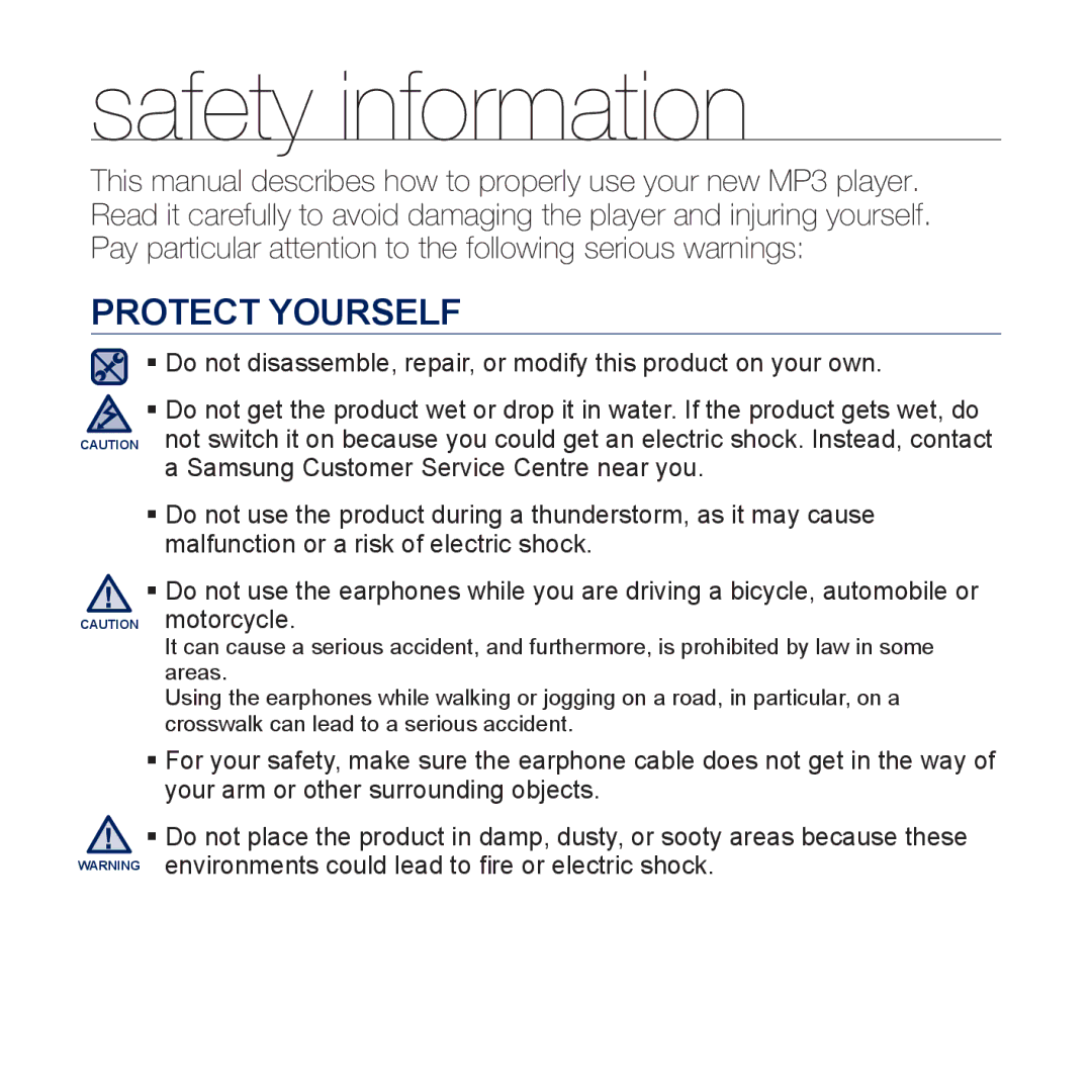 Samsung YP-P3JCB/XEF, YP-P3JCS/XEF, YP-P3JEB/XEF, YP-P3JNB/XEF, YP-P3JES/XEF manual Safety information, Protect Yourself 