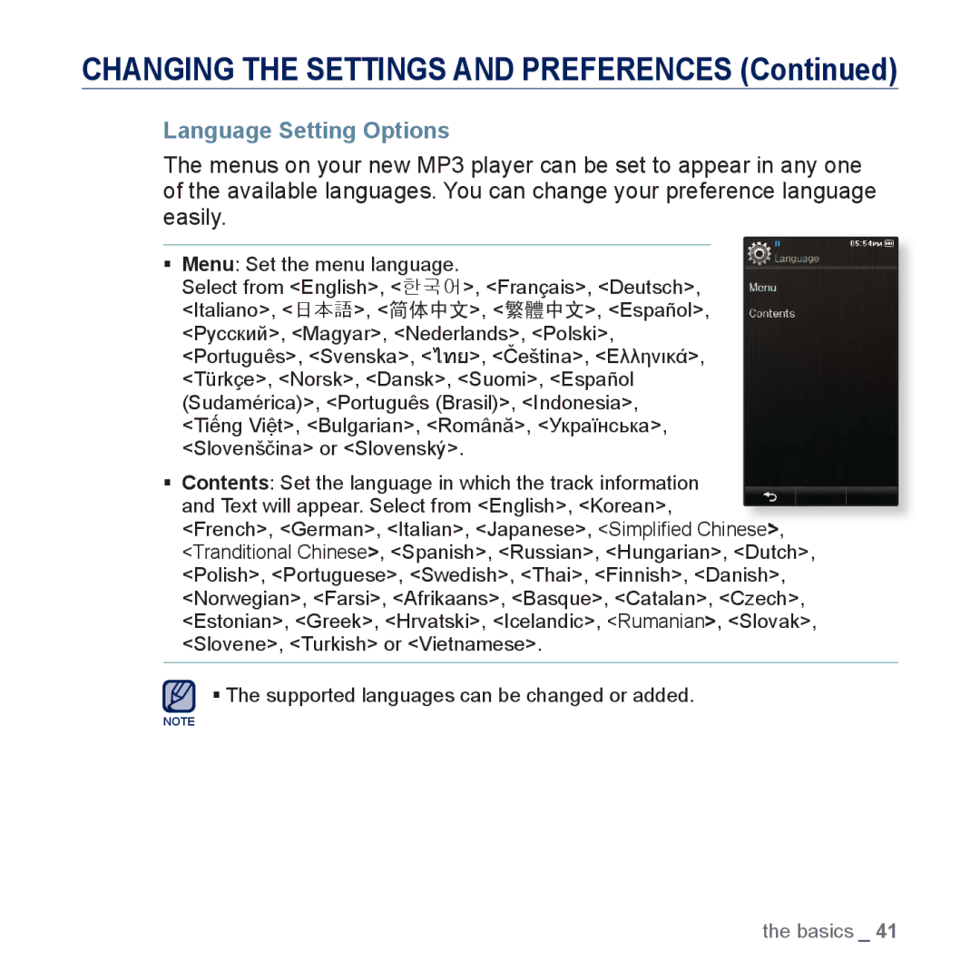 Samsung YP-P3JEB/XEF, YP-P3JCS/XEF, YP-P3JNB/XEF, YP-P3JES/XEF, YP-P3JCB/XEF, YP-P3JNS/XEF manual Language Setting Options 