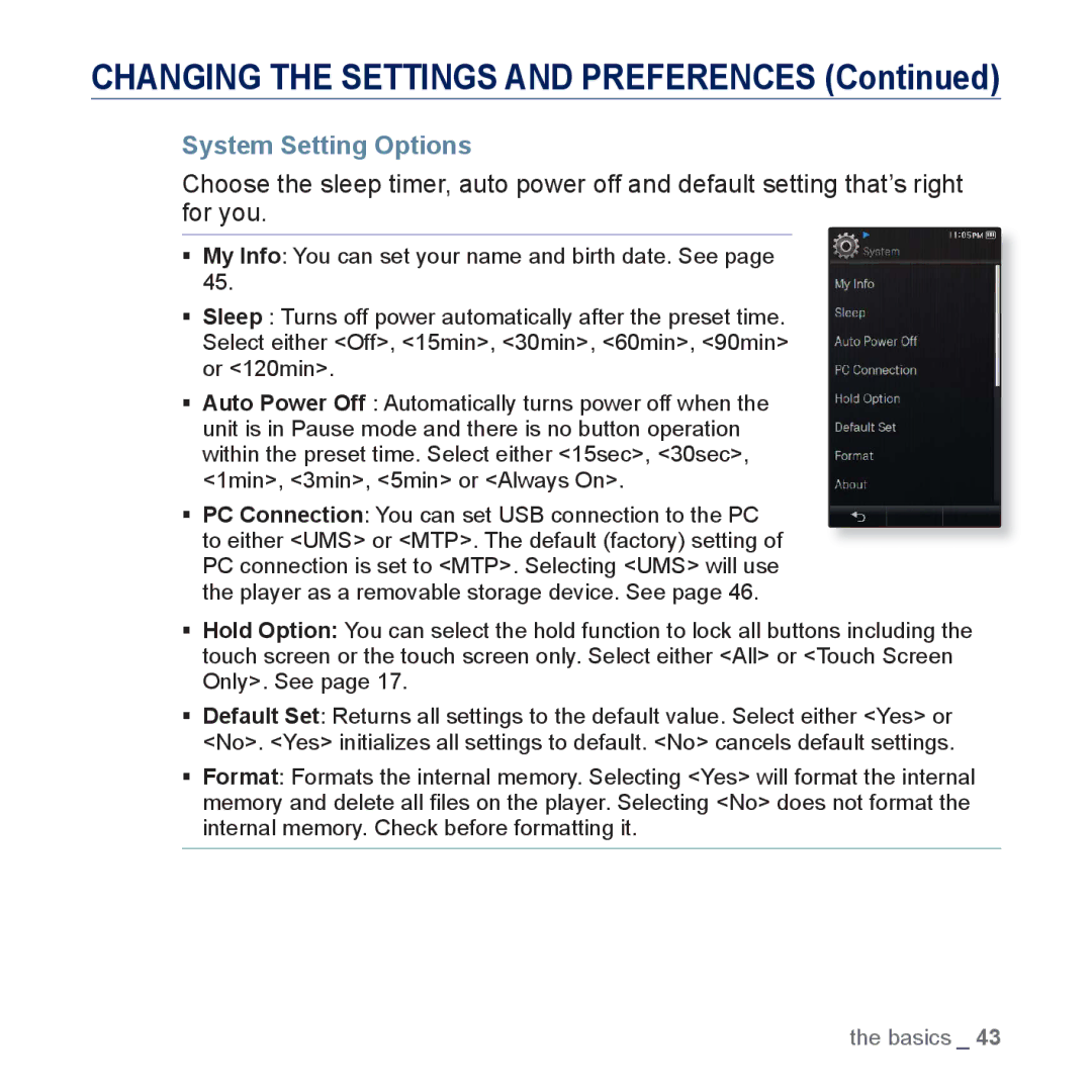 Samsung YP-P3JES/XEF, YP-P3JCS/XEF, YP-P3JEB/XEF, YP-P3JNB/XEF, YP-P3JCB/XEF, YP-P3JNS/XEF, YP-P3JES/EDC System Setting Options 